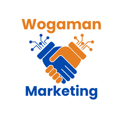 The image shows a logo with the text "Wogaman Marketing" written in a sans-serif typeface. The company's slogan, "Growing Local, Going Digital," is placed below the main text, suggesting a focus on digital marketing strategies for local businesses. The logo graphic includes a stylized handshake integrated with pixelated elements, symbolizing a blend of personal, traditional business relationships and digital technology. The color scheme consists of a combination of orange and blue, which are often used in marketing to denote creativity, trust, and professionalism.